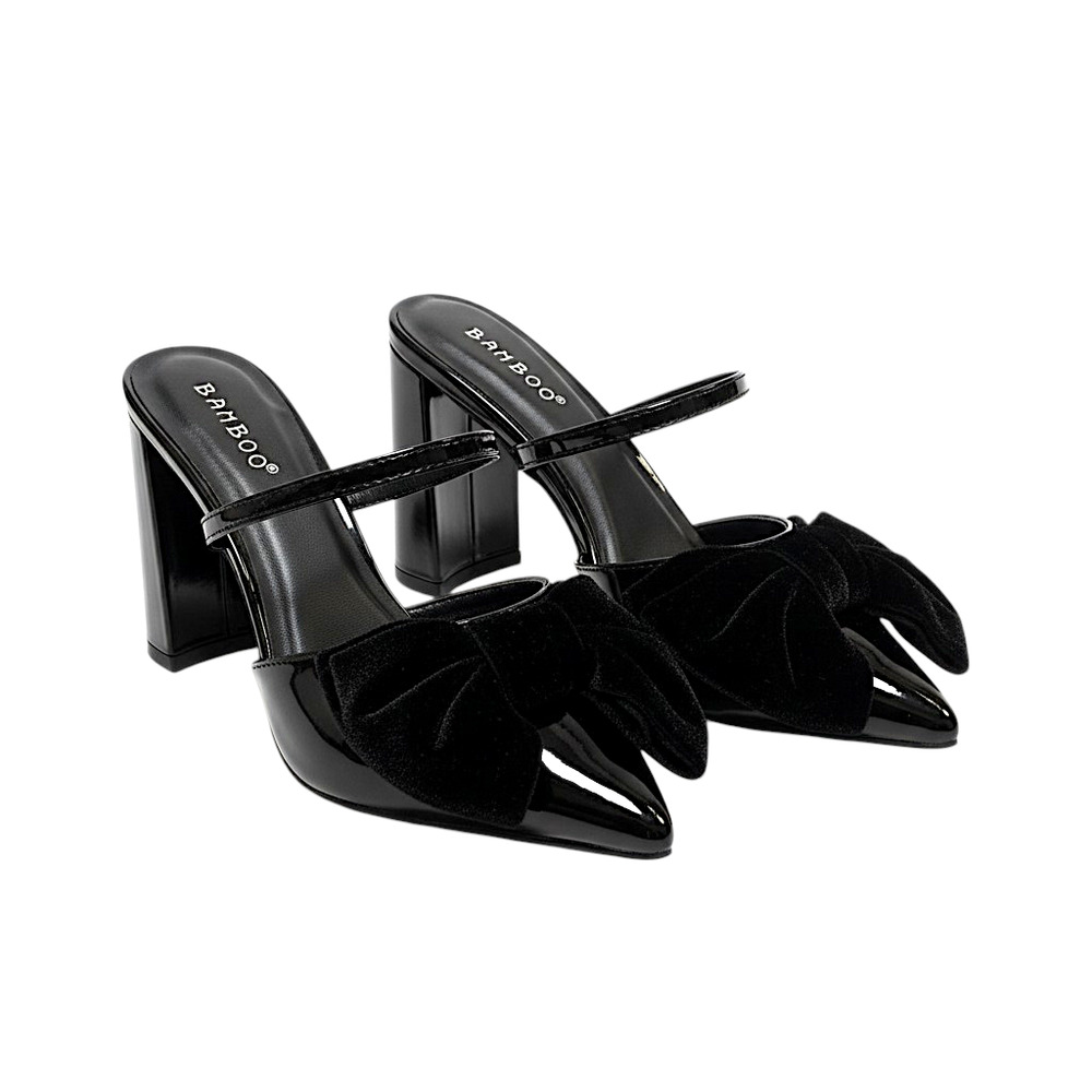 Black Patent Strappy Mule Heels Velvet Bow Pointed Toe Slip On 7